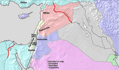 An interpretation of the borders (in red) of the Promised Land, based on God's promise to Abraham (Genesis 15:18)[Genesis 15]