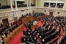 The plenum in session for the 2009 swearing-in ceremony of the new members that emerged from the October general election Greek Parliament swearing-in ceremony 2009Oct14.jpg