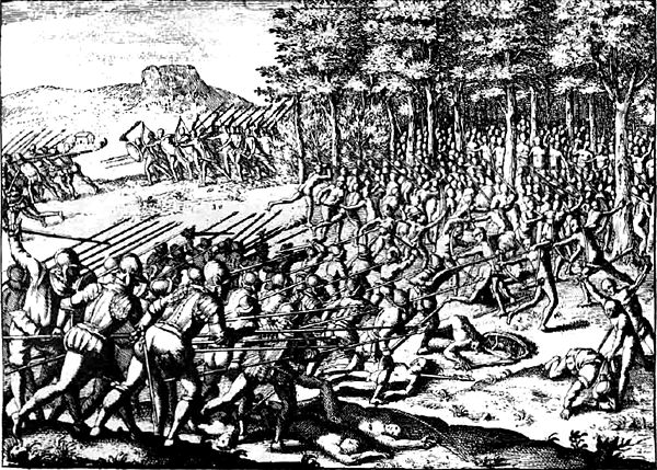 Illustration of the Arauco War in Jerónimo de Vivar's book Crónica y relación copiosa y verdadera de los reynos de Chile (1558).