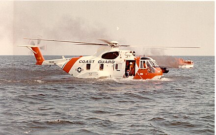 USCG HH-3F Pelican on the water, demonstrating its amphibious capability. This was also the first HH-3F delivered to the Coast Guard.