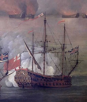 HMS Hampshire (1653) - Beach en Van Ghent vernietigen zes Barbarijse schepen nabij Kaap Spartel, Marokko, 17 augustus 1670 RMG BHC0298 (bijgesneden) .jpg