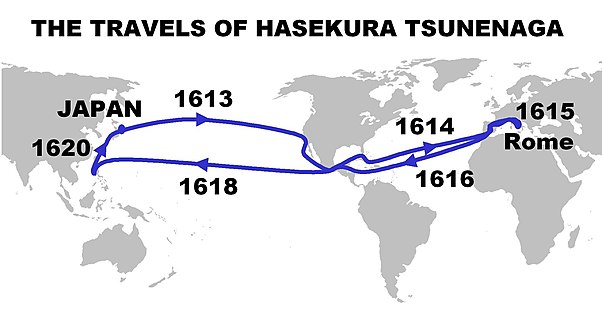 Маршрута и датуми на патувања на Хасекура Тсуненага.