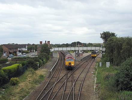 Helsby interchange station. The line to the right is to Ellesmere Port, the line to the left is to Chester.
