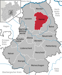 Poziția orașului Hemer pe harta districtului Märkischer Kreis