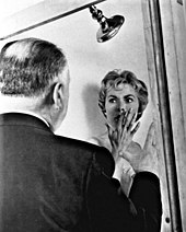 Hitchcock shooting the shower scene of Psycho (1960) Hitchcock Leigh Psycho.jpg