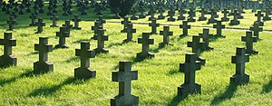 The identical tombstones in the Holy Cross Cemetery Holy Cross Cemetery.jpg