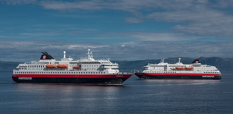 Cruise ships Nordlys and Polarlys in a Norwegian Fjord