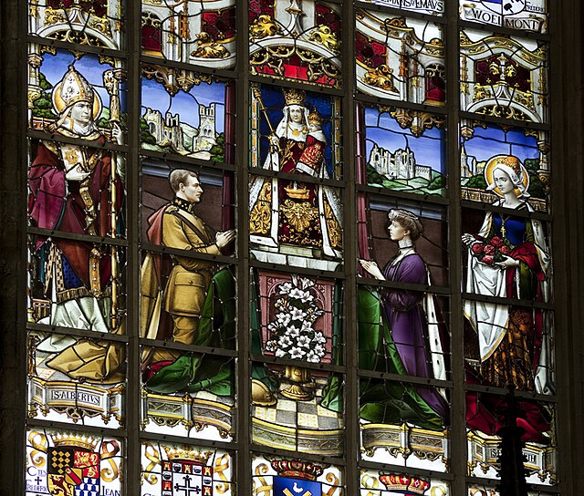 King Albert I and Queen Elisabeth praying to Our Lady of the Sablon, stained glass