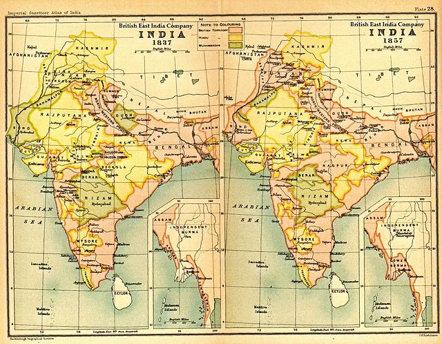 ہندوستان 1837ء تا 1857ء ایسٹ انڈیا کمپنی (گلابی رنگ میں) اور دیگرعلاقے