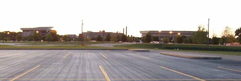 Iowa State Center, Hilton Coliseum and Stephens Auditorium. ISU dormitories can be seen in the distance between the two buildings. Iowa State Center.jpg