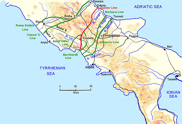 The situation south of Rome showing German prepared defensive lines