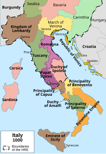 The Papal States in the year 1000 Italy 1000 AD alt1.svg