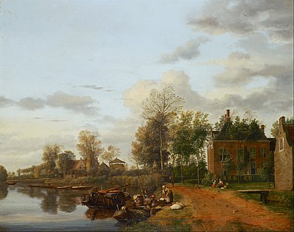 Ян ван дер Гейден — «Заміський будинок на річці Вліт біля Делфта; на задньому плані човен-плоскодонка» (бл. 1660)
