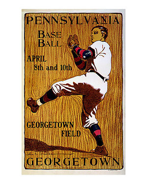 Poster for University of Pennsylvania vs. Georgetown University baseball game, c. 1901, by John E. Sheridan. John E Sheridan Pennsylvania Georgetown Baseball c1901.jpg