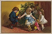 Julekort ca. 1880 trykt av Prang & Co. (Boston). Motivet viser barn som danser eller går rundt et lavt juletre pyntet med røde stearinlys.