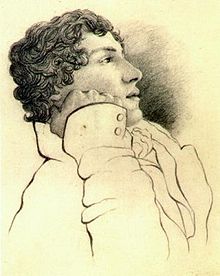 Portrait in pencil of a man in his mid-twenties with medium-length curly hair.  He is leaning on his right arm and faces right.  He is wearing a white jacket.