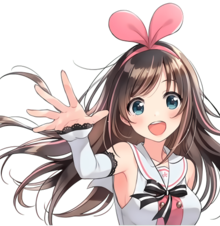 An official image of Kizuna, published through her videos. She is slender in build, has long brown hair, blue eyes, and a fair complexion. Her clothes are white and have pink highlights with black trim.