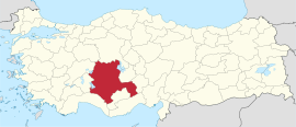 कोन्या प्रांतचे तुर्कस्तान देशाच्या नकाशातील स्थान