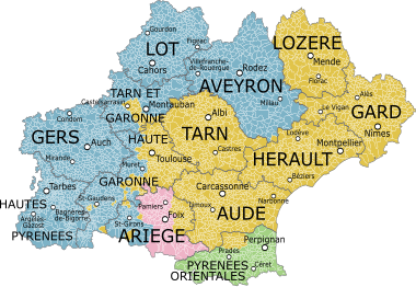 Map of the new region with its thirteen departments, coloured according to the historical provinces as they existed until the aftermath of the French Revolution (1790).
.mw-parser-output .div-col{margin-top:0.3em;column-width:30em}.mw-parser-output .div-col-small{font-size:90%}.mw-parser-output .div-col-rules{column-rule:1px solid #aaa}.mw-parser-output .div-col dl,.mw-parser-output .div-col ol,.mw-parser-output .div-col ul{margin-top:0}.mw-parser-output .div-col li,.mw-parser-output .div-col dd{page-break-inside:avoid;break-inside:avoid-column}
.mw-parser-output .legend{page-break-inside:avoid;break-inside:avoid-column}.mw-parser-output .legend-color{display:inline-block;min-width:1.25em;height:1.25em;line-height:1.25;margin:1px 0;text-align:center;border:1px solid black;background-color:transparent;color:black}.mw-parser-output .legend-text{}  Languedoc
  Guyenne and Gascony
  County of Foix 
  Roussillon