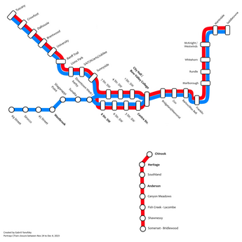 Map of the late 2023 closures which were a result of this station's construction Late 2023 Calgary C-Train Closure.png