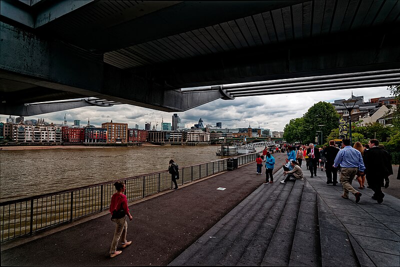 File:London - Bankside - Jubilee Walkway - Under the Millennium Bridge - View ENE towards the Gherkin, Vintners' Hall & Southwark Bridge.jpg