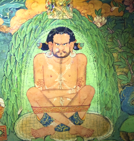A yogi depicted using a meditation belt (gomthag) in the Lukhang Temple mural
