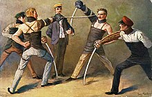The German Student Corps are known for practicing their tradition of engaging in academic fencing by rules dating back to the 1750s. Muhlberg - Sabelmensur.jpg