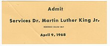 An admission ticket to satellite funeral services for King at Morehouse College. MLK Funeral Services Ticket.jpg