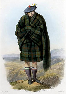 A Victorian era, romantic depiction of a Highlander, clothed in a belted plaid, by R. R. McIan. The Highlander depicted is a MacLennan, who is wearing a sprig of furze as his clan badge. Mac Lennan (R. R. McIan).jpg