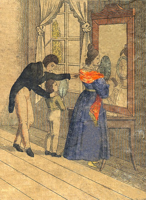 A family viewing animations in a mirror through the slits of stroboscopic discs (detail of an illustration by E. Schule on the box label for Magic Dis