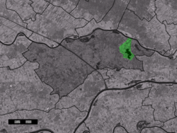 The town centre (dark green) and the statistical district (light green) of Lienden in the municipality of Buren.