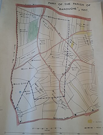 The aerial representation of Brooms and surrounding land from 1597 is of the time. Note how there are roads going through what would be fields today. The dotted/dashed line represents where Brooms Barn Farm would be today, some names have been kept from fields, note the spelling of 'Baroughe'. Map of Brooms and surrounding land from 1597.jpg