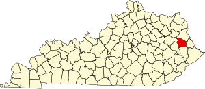 Mapa Kentucky zvýrazňující Johnson County