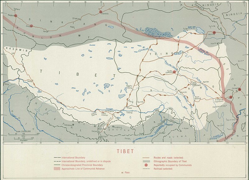 File:Map of Tibet- "TIBET CONFIDENTIAL" "Ethnographic Boundary of Tibet" "Approximate Line of Communist Advance" and "Reportedly occupied by Communists" "11518, CIA, 2-50" February 1950 map- 305945 11518 01 (cropped) (cropped).jpg