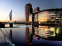 MediaCityUK, home of Radio Manchester since 2011 Media City Footbridge and BBC Offices (geograph 2685261).jpg