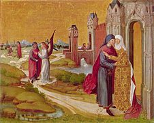 La rencontre de Joachim et d'Anne à la Porte dorée (Begegnung von Joachim und Anna an der goldenen Pforte), vers 1460, peinture sur bois, 85×106 cm, Munich, Alte Pinakothek.