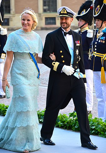 Haakon, Crown Prince of Norway, wearing Norwegian Navy mess dress during the wedding of Princess Madeleine and Christopher O'Neill.