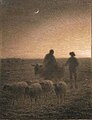 Das Motiv (Schafe, Ochse, Personen), die diffuse Abendbeleuchtung und vor allem die unscharfen Konturen ergeben ein harmonisches und stilles Bild. Jean-François Millet: Dämmerung, um 1859–1863.