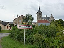 Mont-Laurent (Ardennes) city limit sign and church.JPG