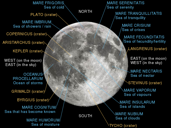 The names of the main volcanic features the maria (blue) and some crater (brown) features of the near side of the Moon