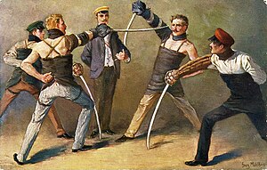 Sabre duel of German students, around 1900, painting by Georg Mühlberg (1863-1925)