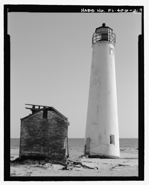 File:NORTHEAST VIEW WITH OIL STORAGE BUILDING IN FOREGROUND, 350 DEGREES OFF NORTH - Cape Saint George Lighthouse, Cape St. George , Apalachicola, Franklin County, FL HABS FL-406-2.tif