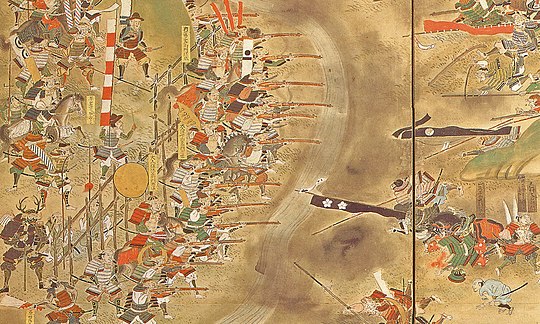 The Battle of Nagashino in 1575. Key to Oda success during the battle was the deployment of 10,000 Ashigaru arquebusiers.