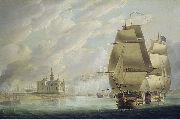 HMS Monarch in the lead, with Elephant close behind forcing the Passage of the Sound, 30 March 1801, prior to the Battle of Copenhagen