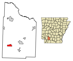 Location of Bodcaw in Nevada County, Arkansas.