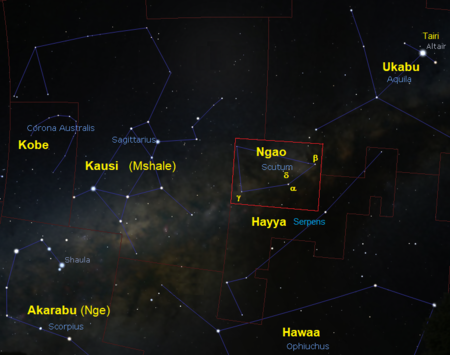 Ngao (kundinyota) Kundinyota Ngao (Scutum) (CC BY-SA 4.0 © 2004-2016 Fabien Chereau et al. )Stellarium, CC BY-SA 4.0)