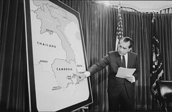 April 30, 1970: U.S. President Nixon announces that 2,000 U.S. troops have crossed into Cambodia, says "This is not an invasion." NixononCambodia.jpg