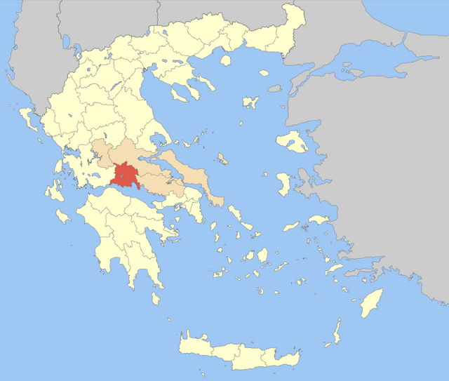 中央ギリシャ地方におけるフォキダ県の位置