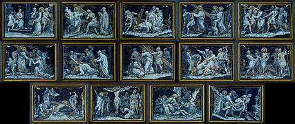 Stations of the Cross - a series of fourteen pictures or carvings representing successive incidents during Jesus' progress from his condemnation by Pilate to his crucifixion and burial, before which devotions are performed in many churches