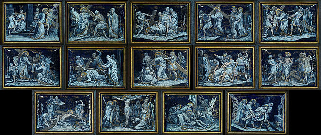 A set of the Stations of the Cross in painted enamel.